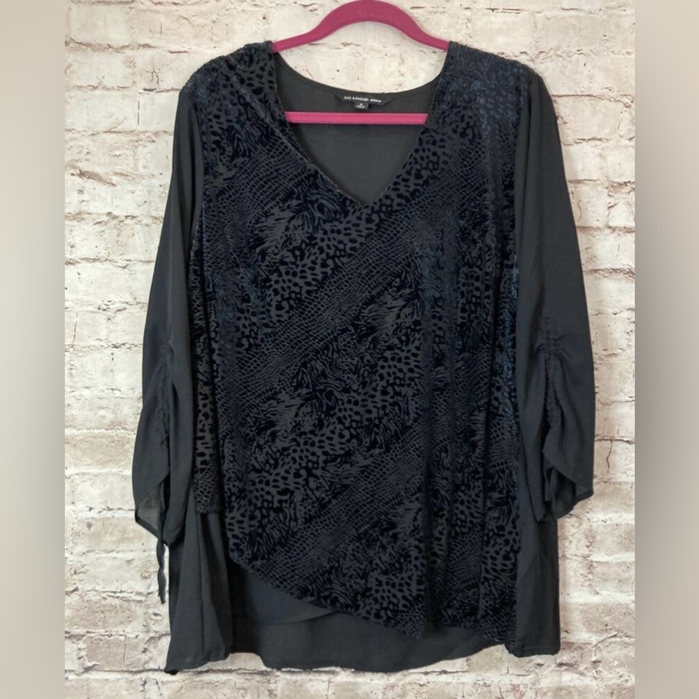Zac & Rachel black size 2X tunic top 2 layer sheer front with velour design